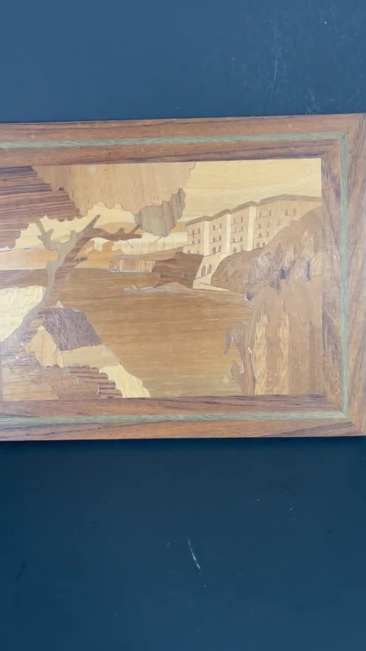 ヴィンテージ 寄木細工 象嵌 木製絵画 ソレント イタリア 海岸風景 9