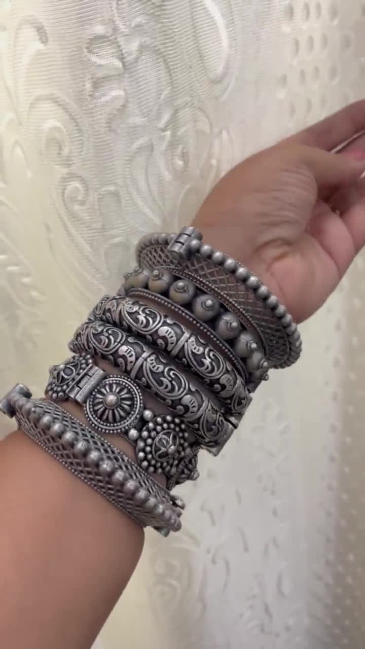 Set of 6 Oxidised Kada Bangles, Indian Silver Kada Bracelet Set