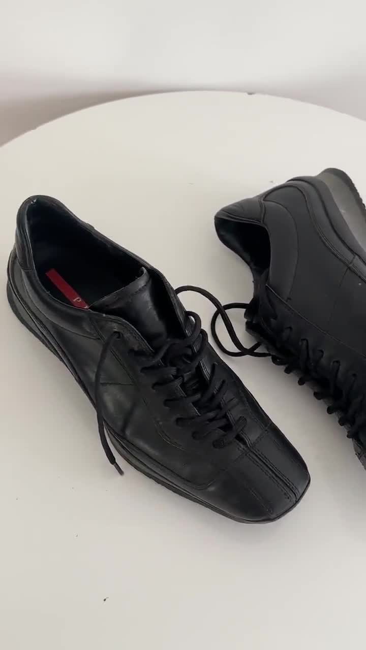Vintage Prada Sport Black Leather Square Toe Lace up Sneakers