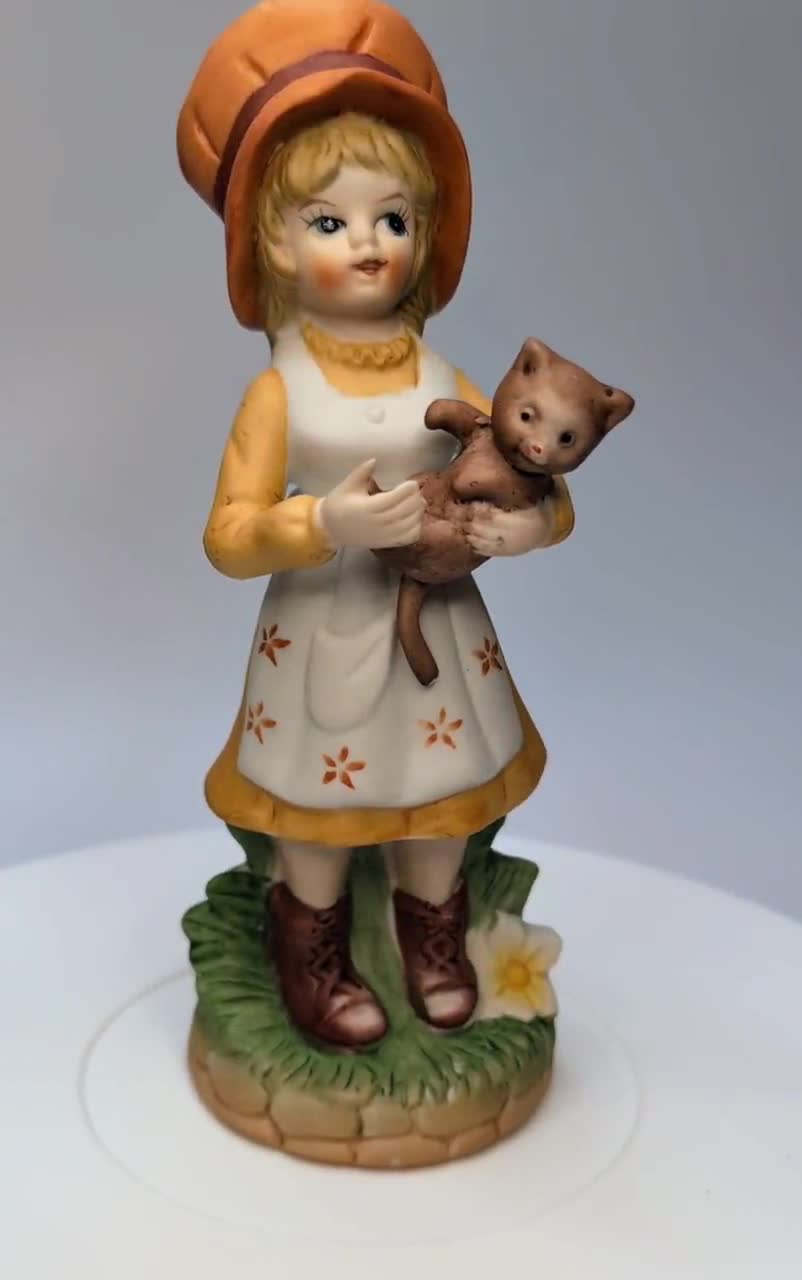 Vintage - Figurine - Girl With Orange Hat and Brown Cat