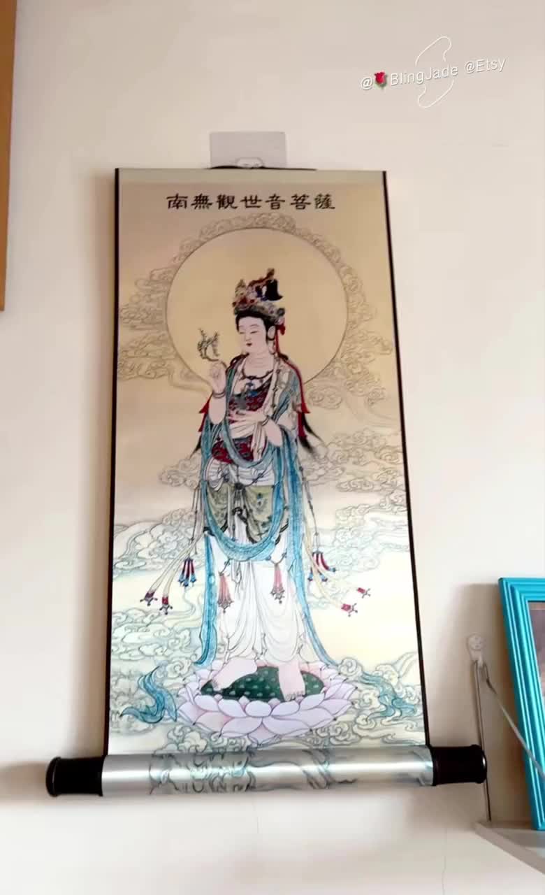観音布刺繍錦掛け軸 /観音菩薩/壁掛けアート/壁掛けアート/織錦/アジア