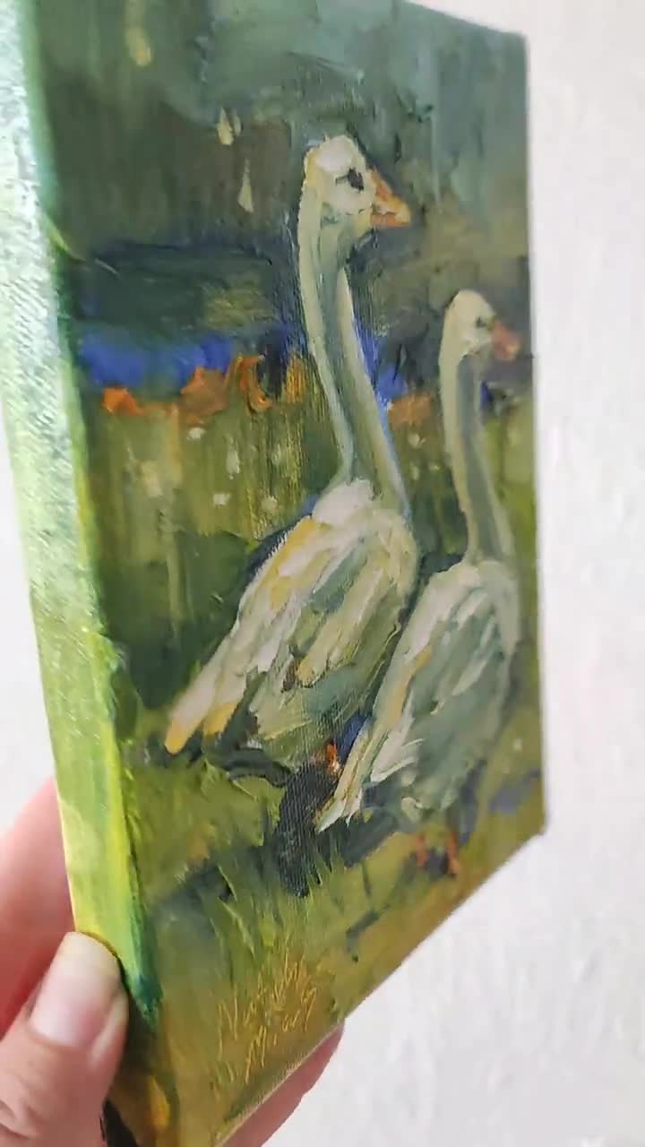 白ガチョウ オリジナル油絵 6x8'' 白ガチョウアート 鳥の絵 アヒルの絵