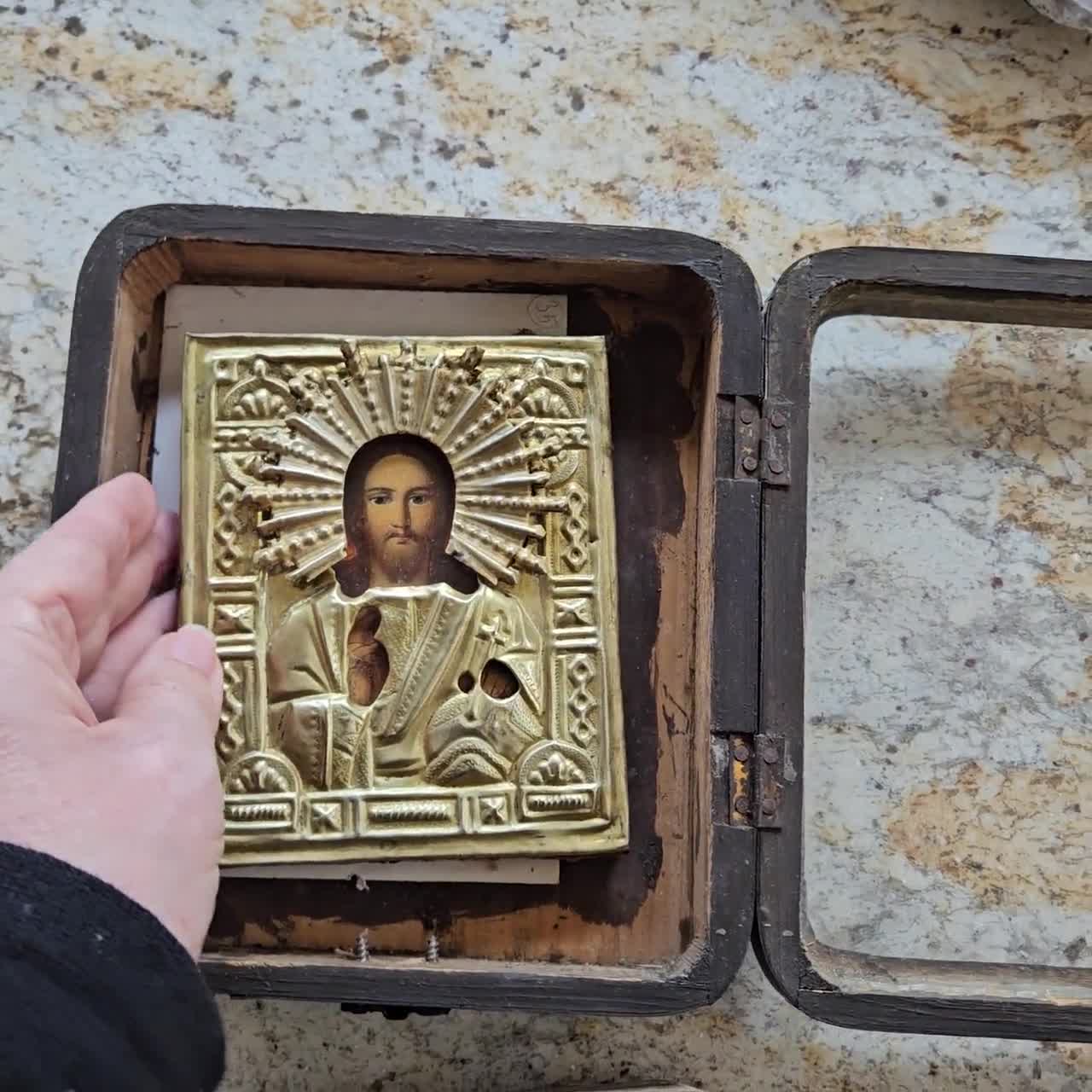 Antique Russian Icon in Wooden Kiot or Icon Case of Christ