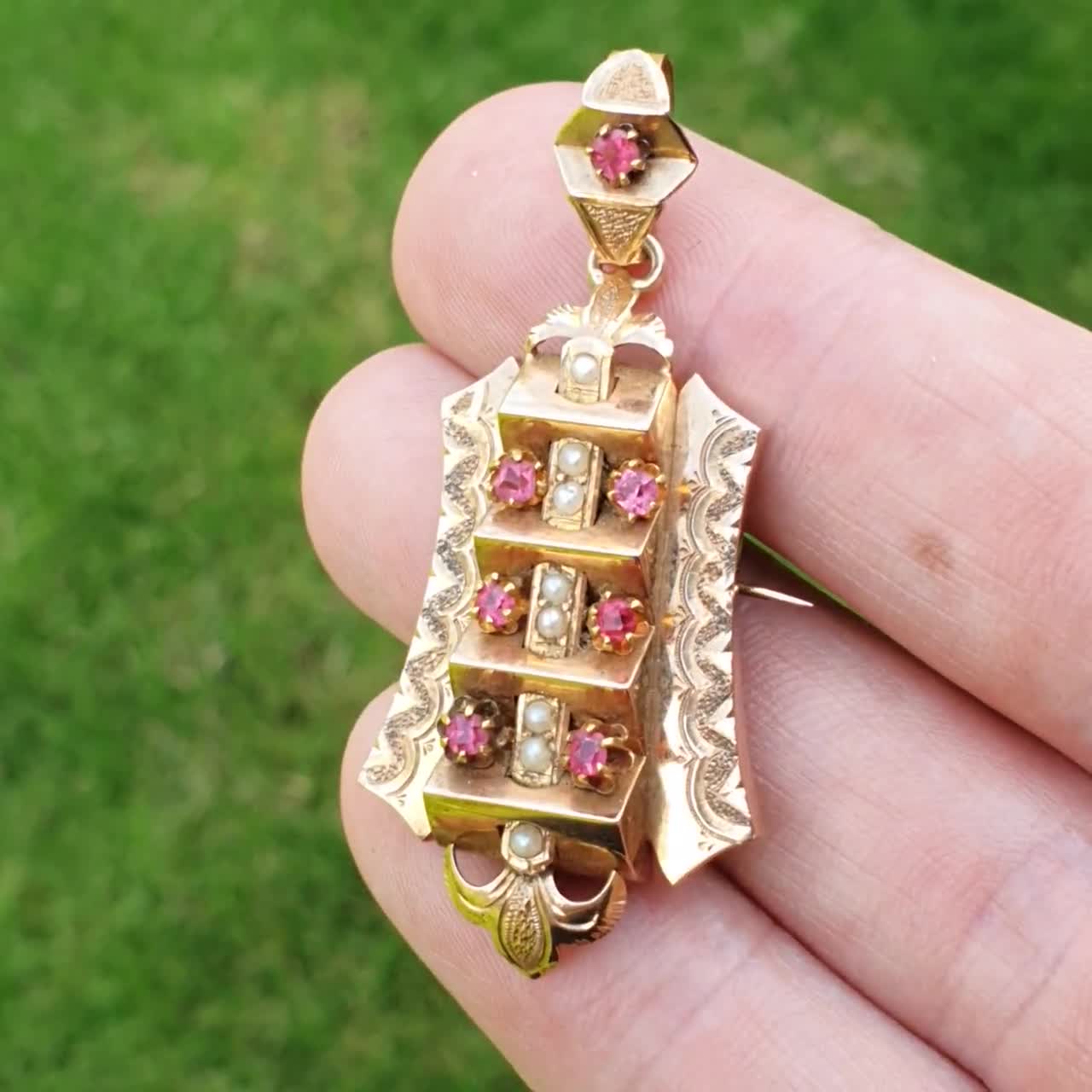 Antique Victorian 18ct Ruby Pendant Brooch Seed Pearls Large Huge