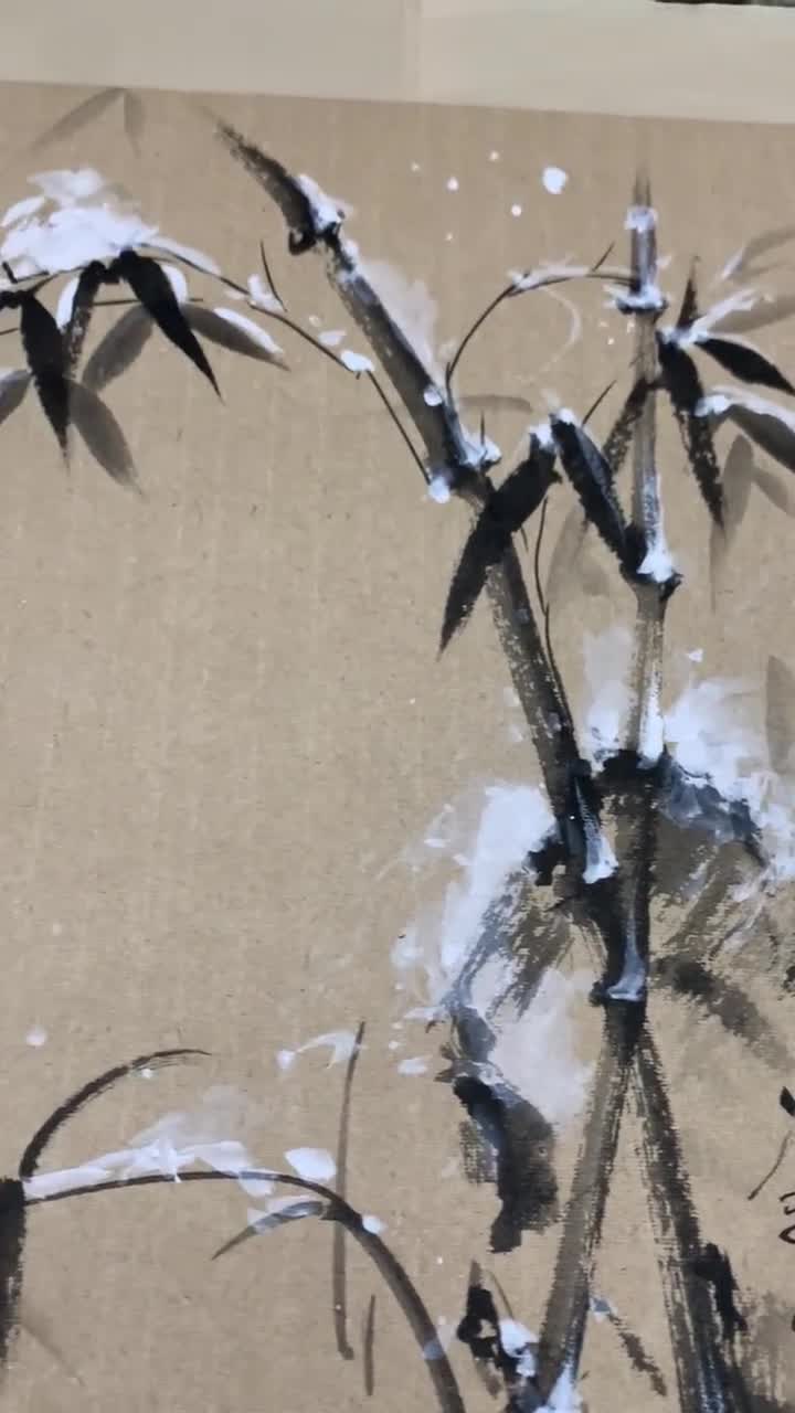 雪中竹図墨絵：和紙に墨と水 - 原画 - Etsy 日本