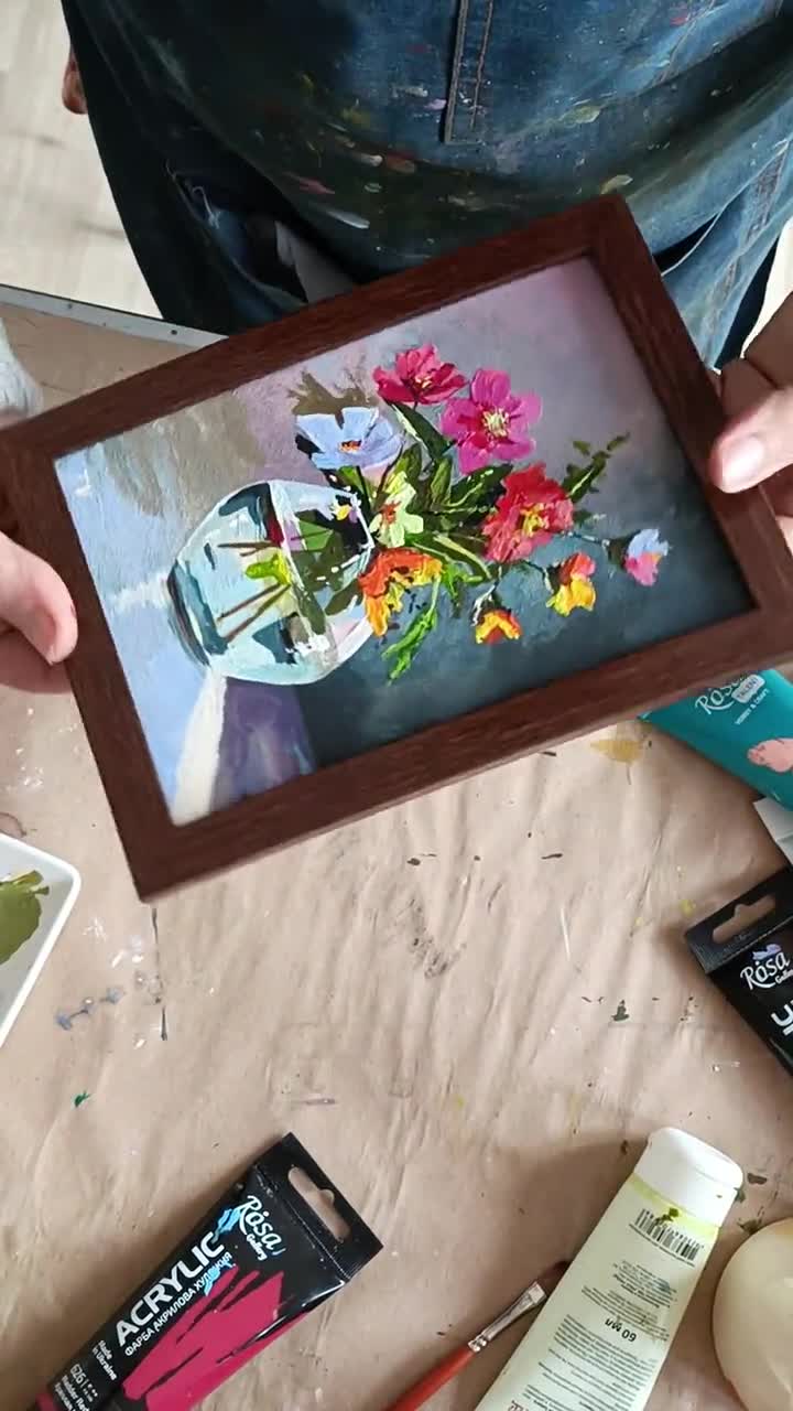 花の静物画：ミニチュアアクリル画、オリジナルアート 7 x 5インチ
