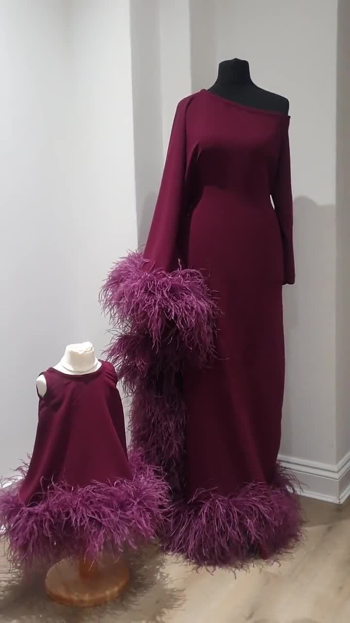 feather dress birthday Mummy and Me Daughter First One Shoulder Dress Wedding Guest Outfit Bridal Dress Maternity Shoot Dress Feather Colour of Tutu Romper:Red Wedding anniversary Colour: port Cotton A Line Dress