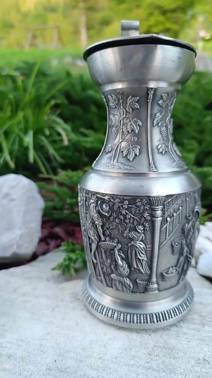 Vintage Germany SKS Zinn Pewter Pitcher With Hingen Lid Featuring