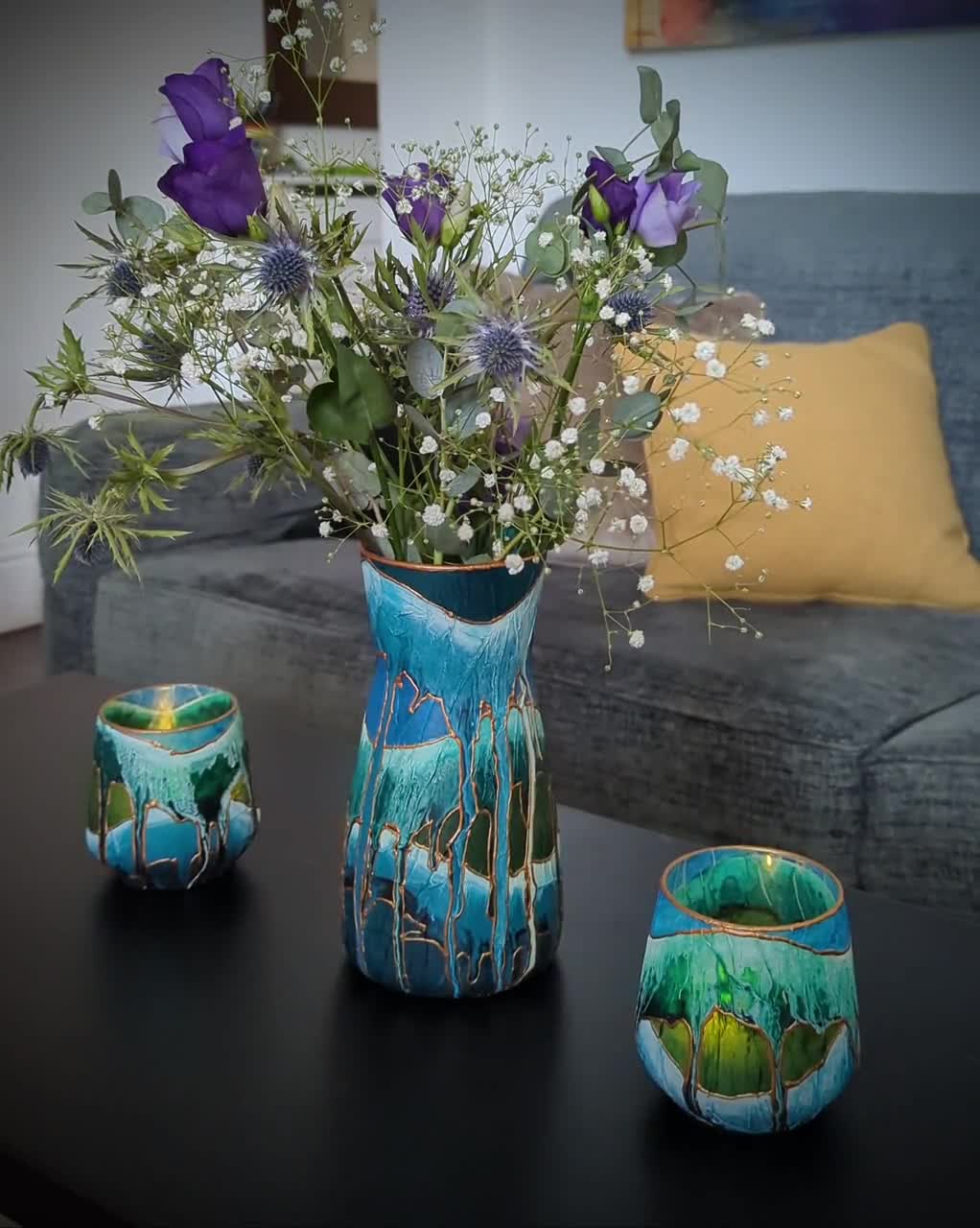 Hand-painted Glass Vase – ZEN – Aqua Blue, Green & Bronze