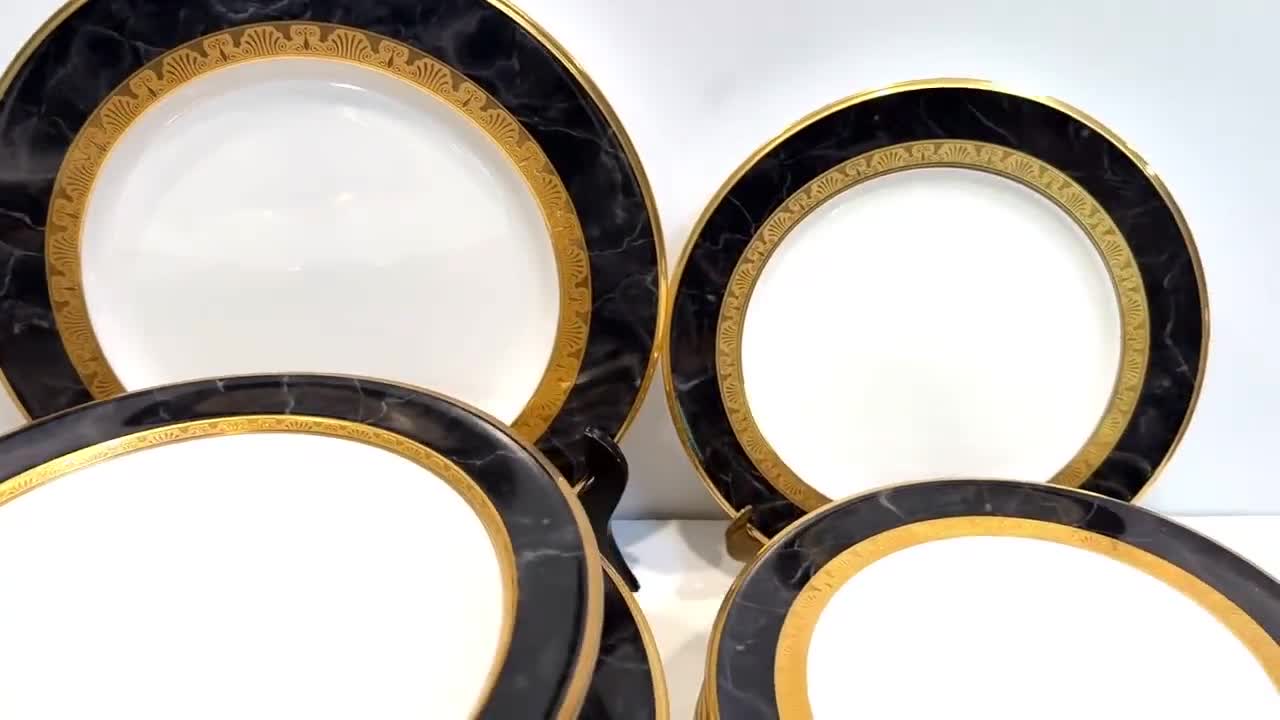 Noritake Opulence China, Black Marble Border, Gold Encrusted Band