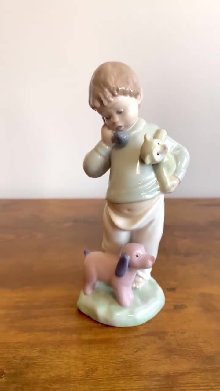 Vintage NAO by Lladro #1044 Boy on Phone With Puppets, Puppy