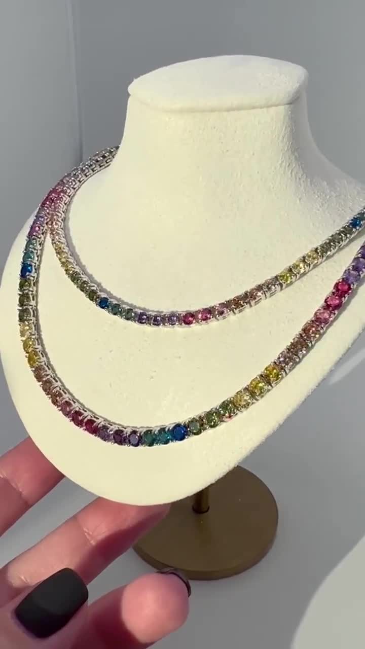 レインボーテニスネックレス スターリングシルバー、4mmマルチカラー