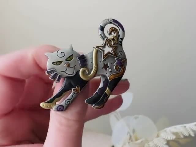 Vintage Celestial Cat Brooch, 90s Pewter Pin With Purple, Black