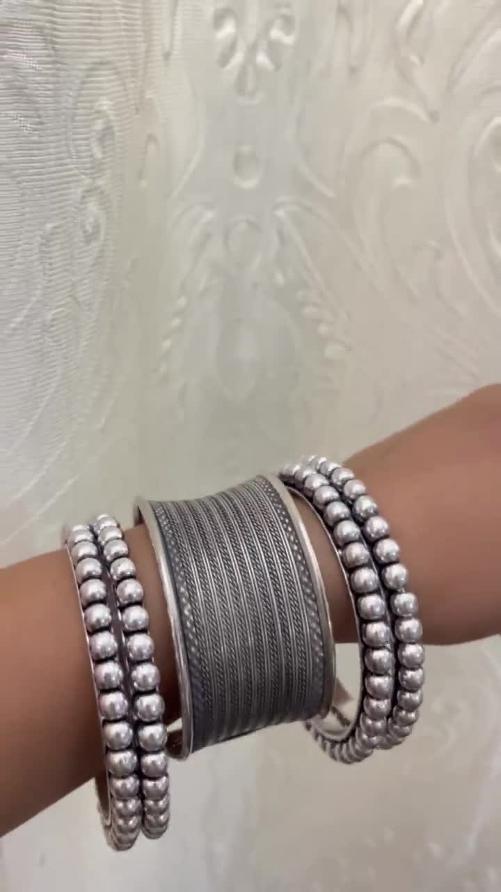 Silver Tone Bangle Set: Indian Ethnic Cuff Bracelet, Set of 5 - Etsy