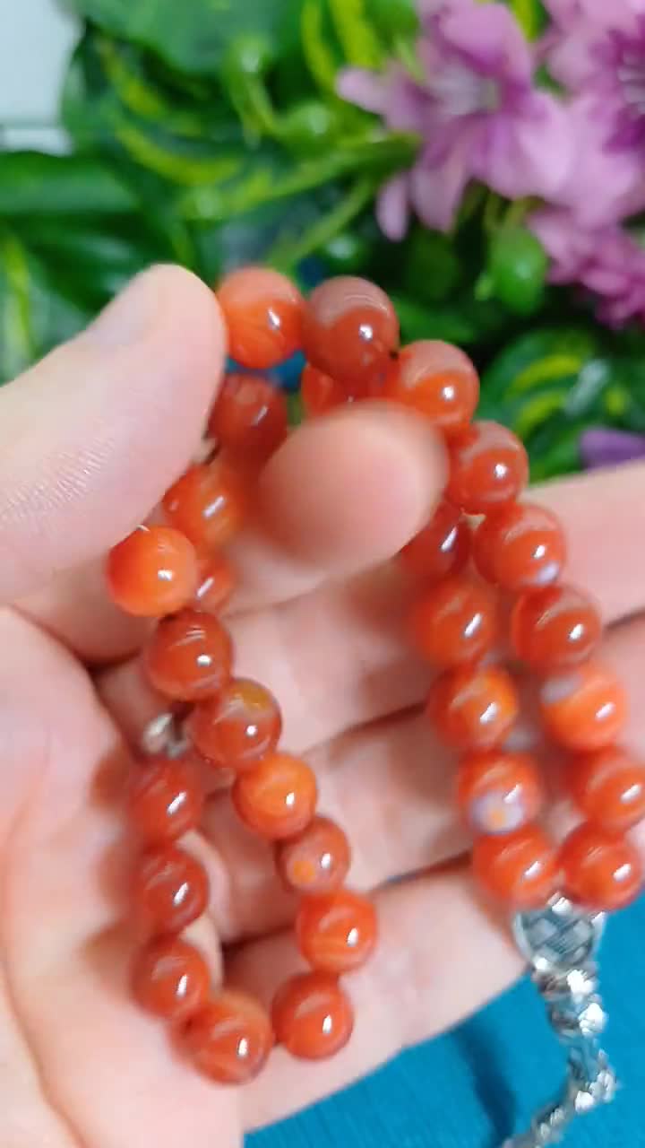 Carnelian Yemeni Agate Tasbih: 33 Bead Orange Aqeeq Islamic Prayer