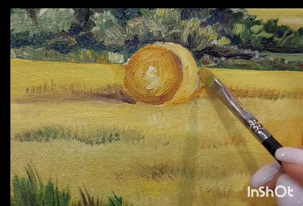 風景画、オリジナル油絵、干し草の束、ファインアート、農家風壁掛け