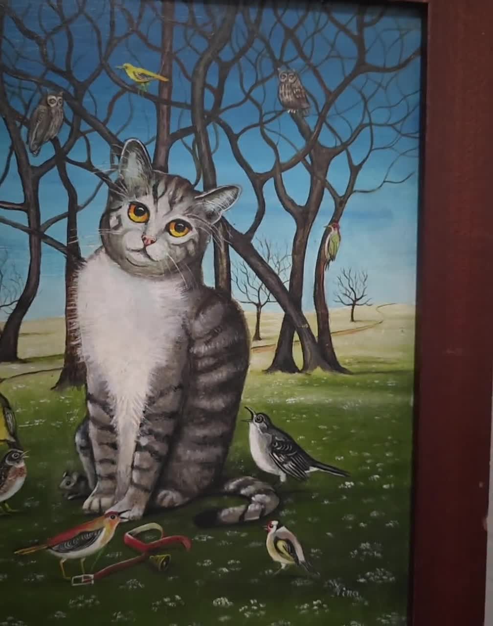 素朴な猫の油絵、素朴な動物の民芸品、ヴィンテージのヨーロッパの壁