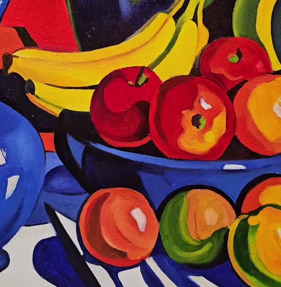 現代的な静物油絵、モダンで大胆なカラフルな果物と花瓶のオリジナル