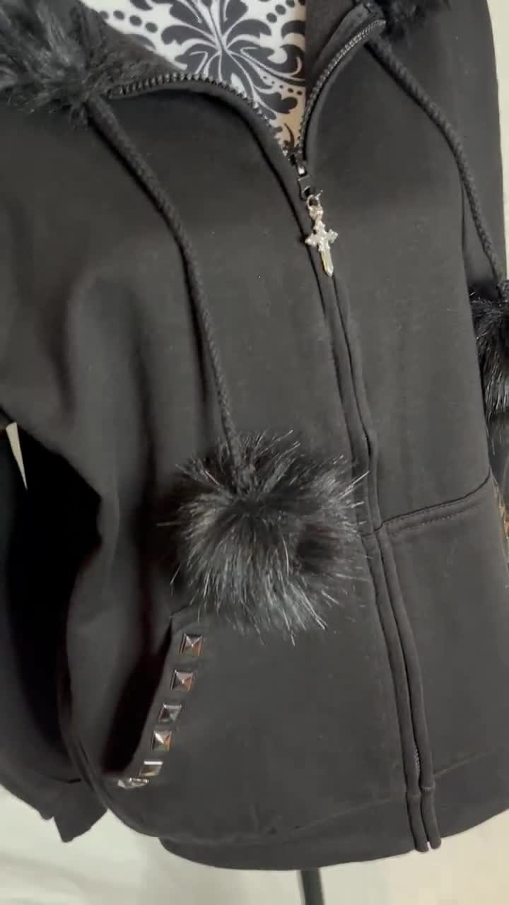 Hand Decorated Y2K Fur Hoodie, Studded Zip up Goth Grunge Jacket