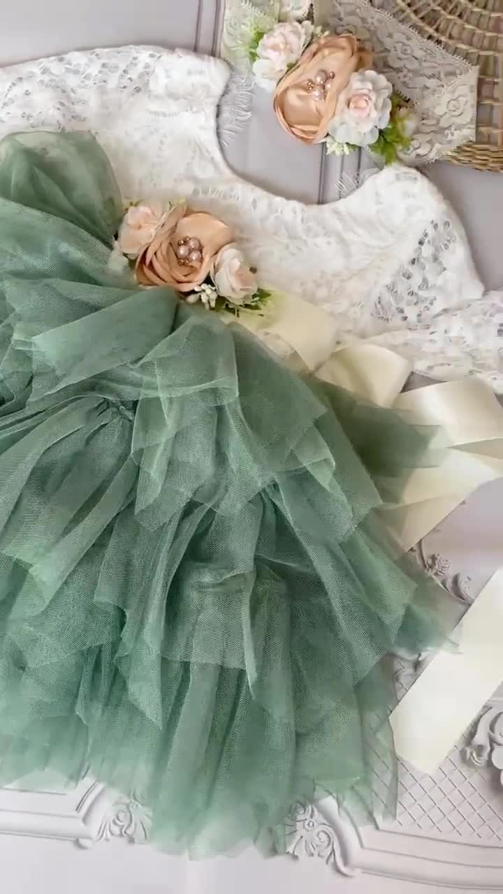 Sage Green Tulle Flower Girl Dress: Lace Top, Birthday Party Dress