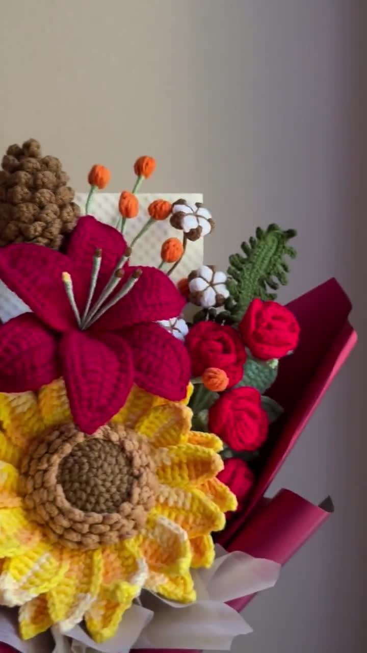 Crochet Flowers Bouquet Handmade, Poinsettia Sunflower, Gift for
