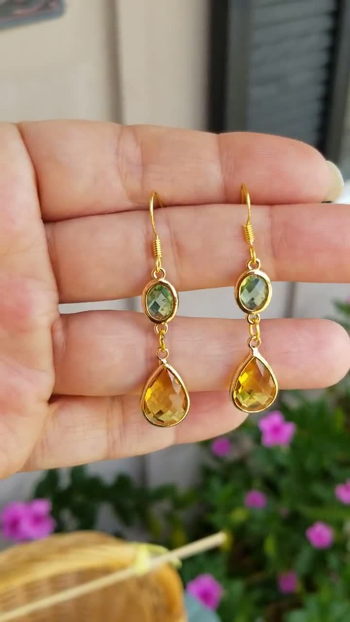14金シトリンペリドットドロップピアス：ハンドメイド宝石ジュエリー