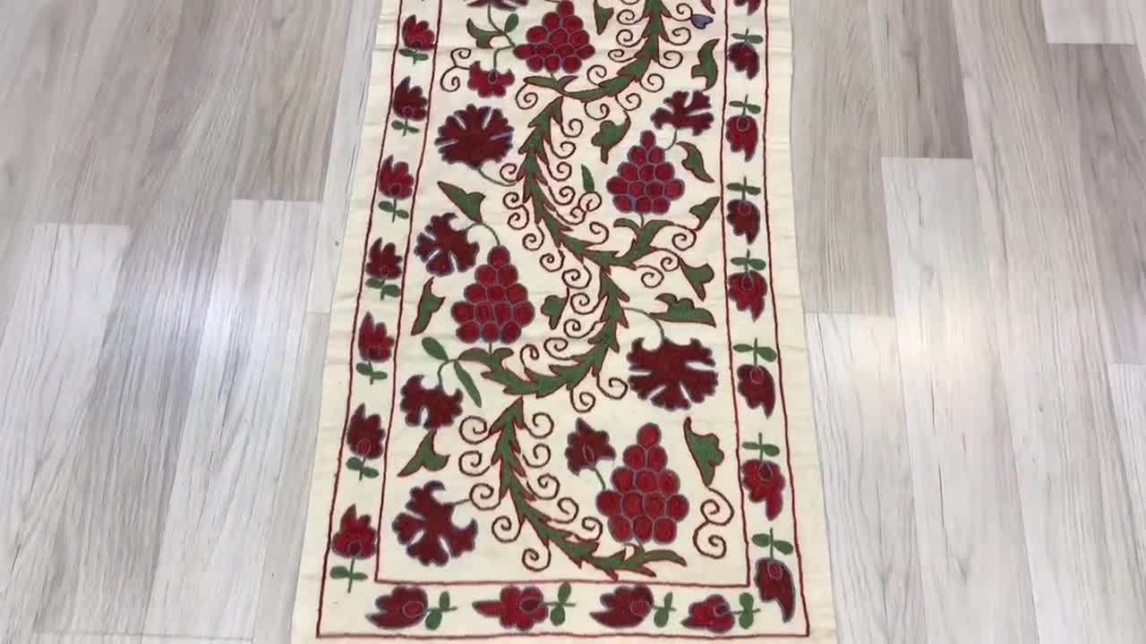 Grapes Suzani Table Runner: Hand Embroidered Uzbek Silk Wall Decor