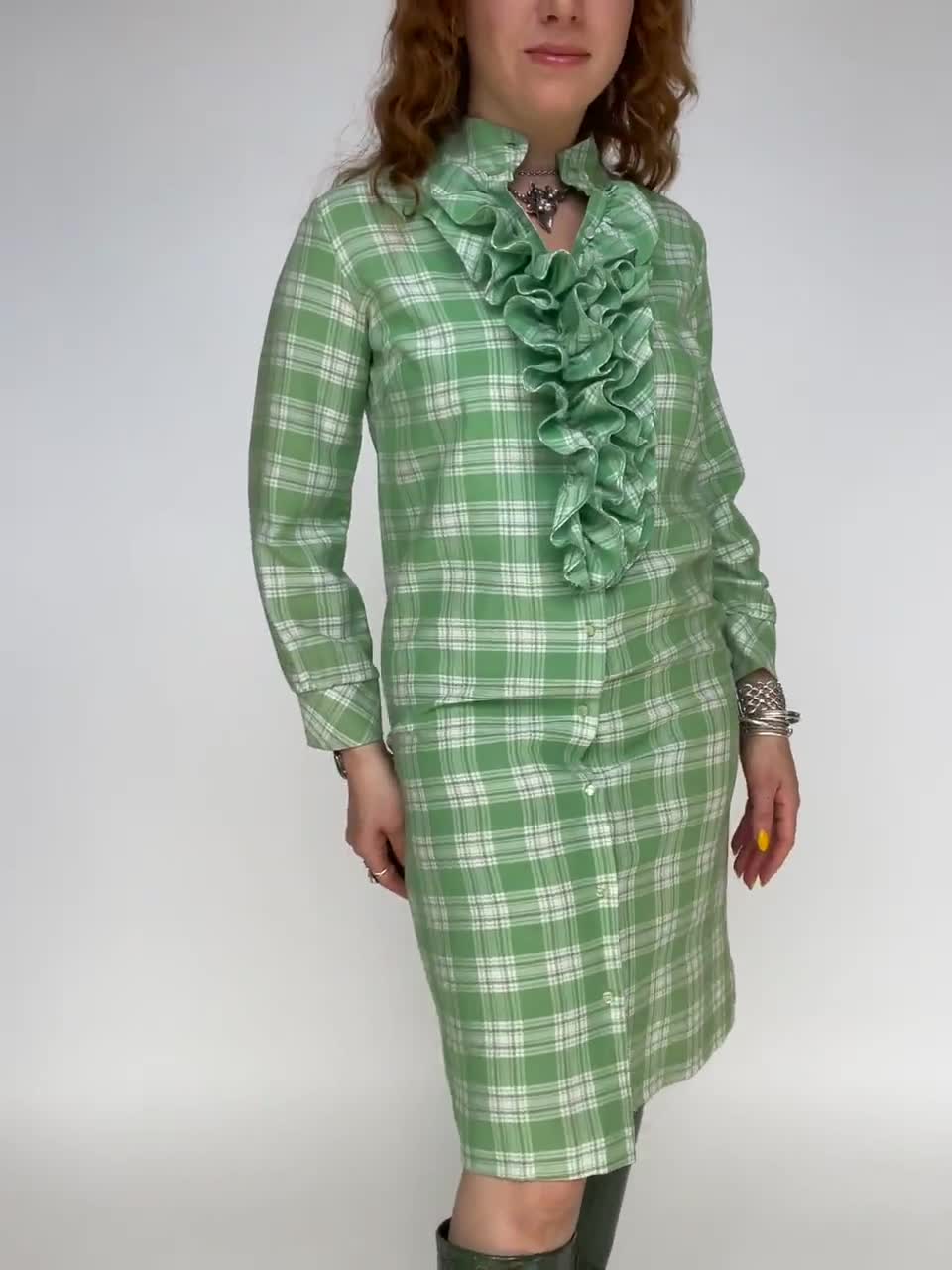 green plaid shirt dress 1960s Ruffle Shift M Womens dresses