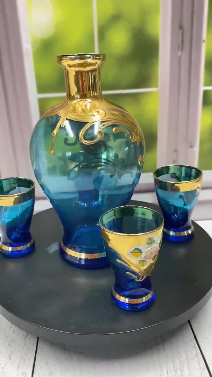Vtg Bohemia Czechoslovakia Cobalt Blue Glass 24K Gold Enameled