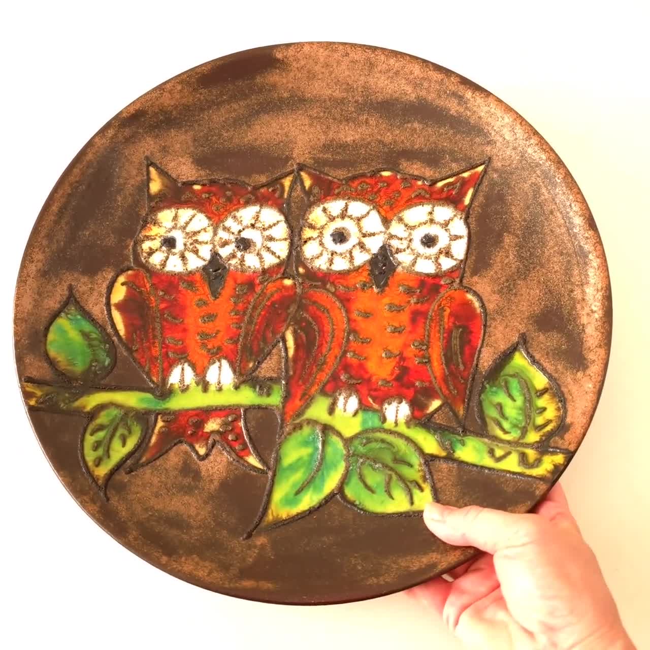 RUSCHA Fat Lava Owl Wall Plate L West German Pottery, Mid Century