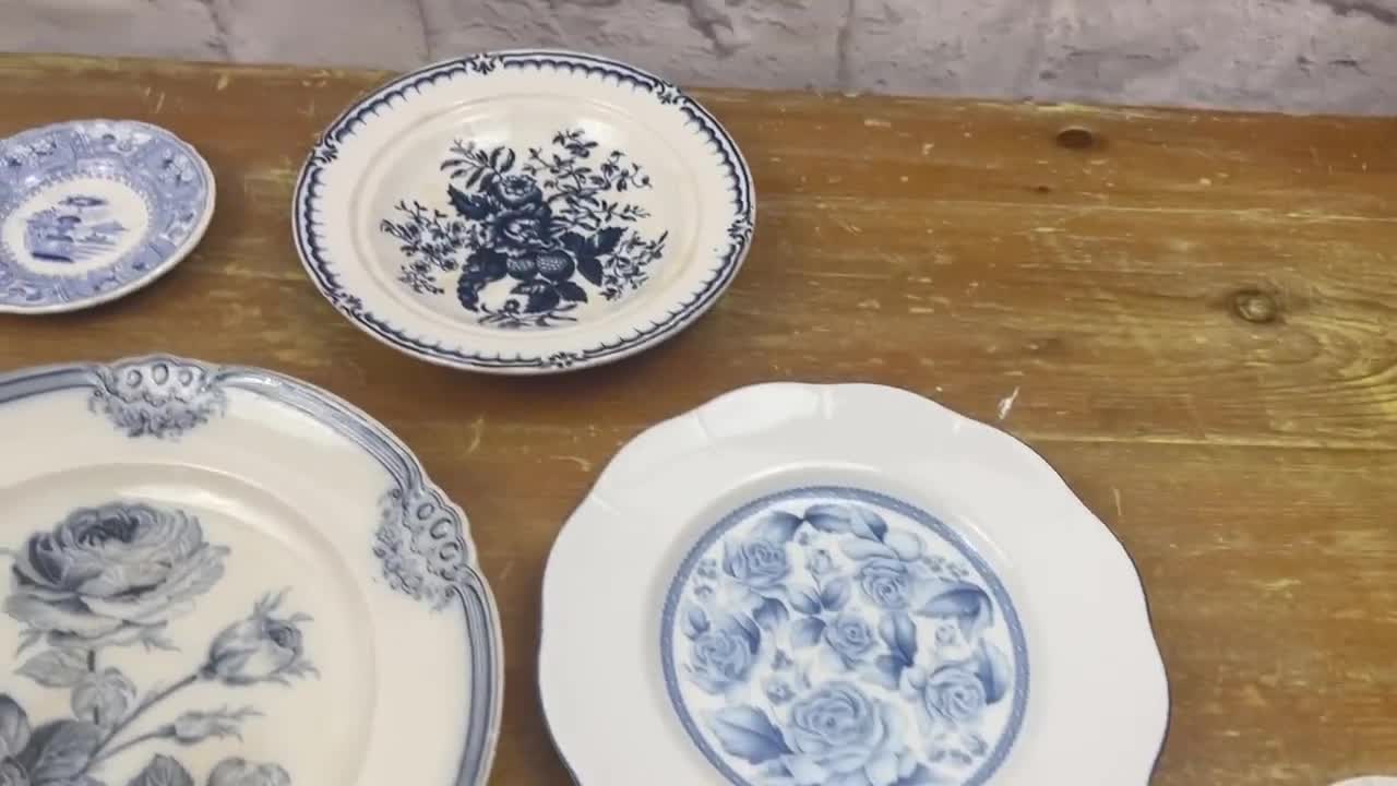 Vintage Antique Blue White Transferware Plates Decorative Wall