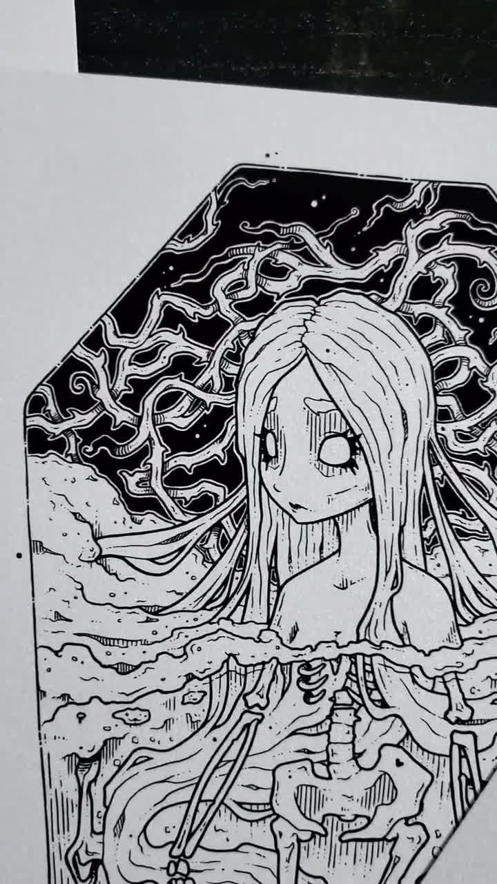 骸骨棺の少女 - アートプリント - 8.5x11 不気味でかわいいゴシック