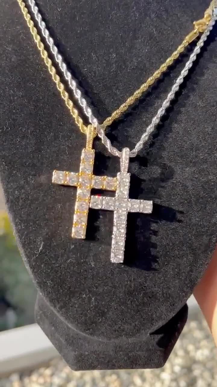 Iced Diamond Tennis Cross Pendant Necklace With 5mm Gold / Silver