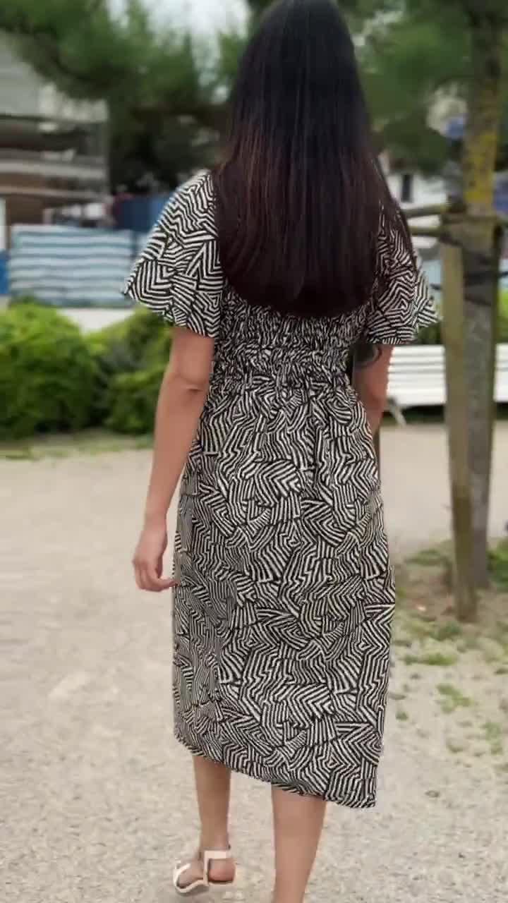 Shirred Midi Dress PDF Sewing Pattern, Flutter Sleeve or