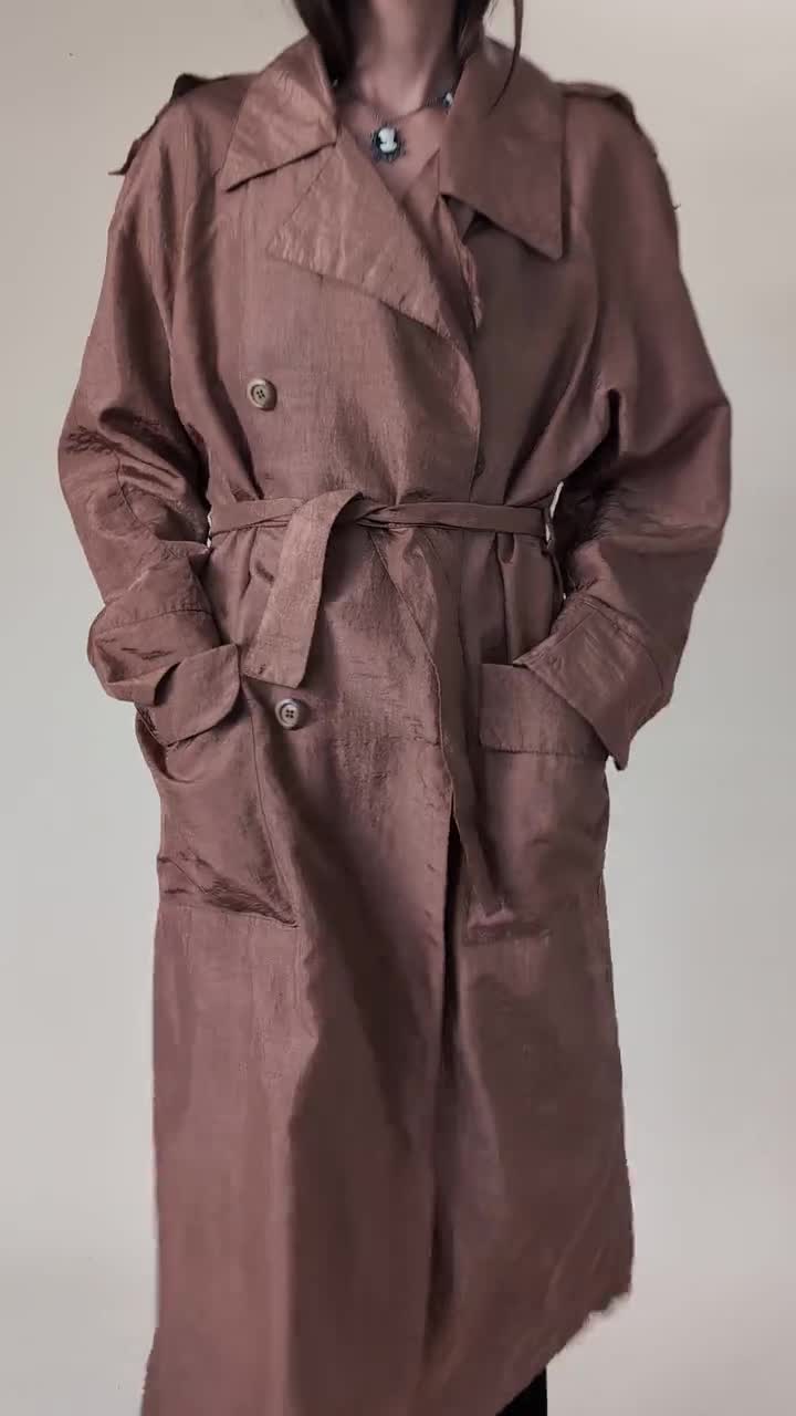 Nylon Trench Coat 1980s Vintage Belted Metallic Brown Raincoat