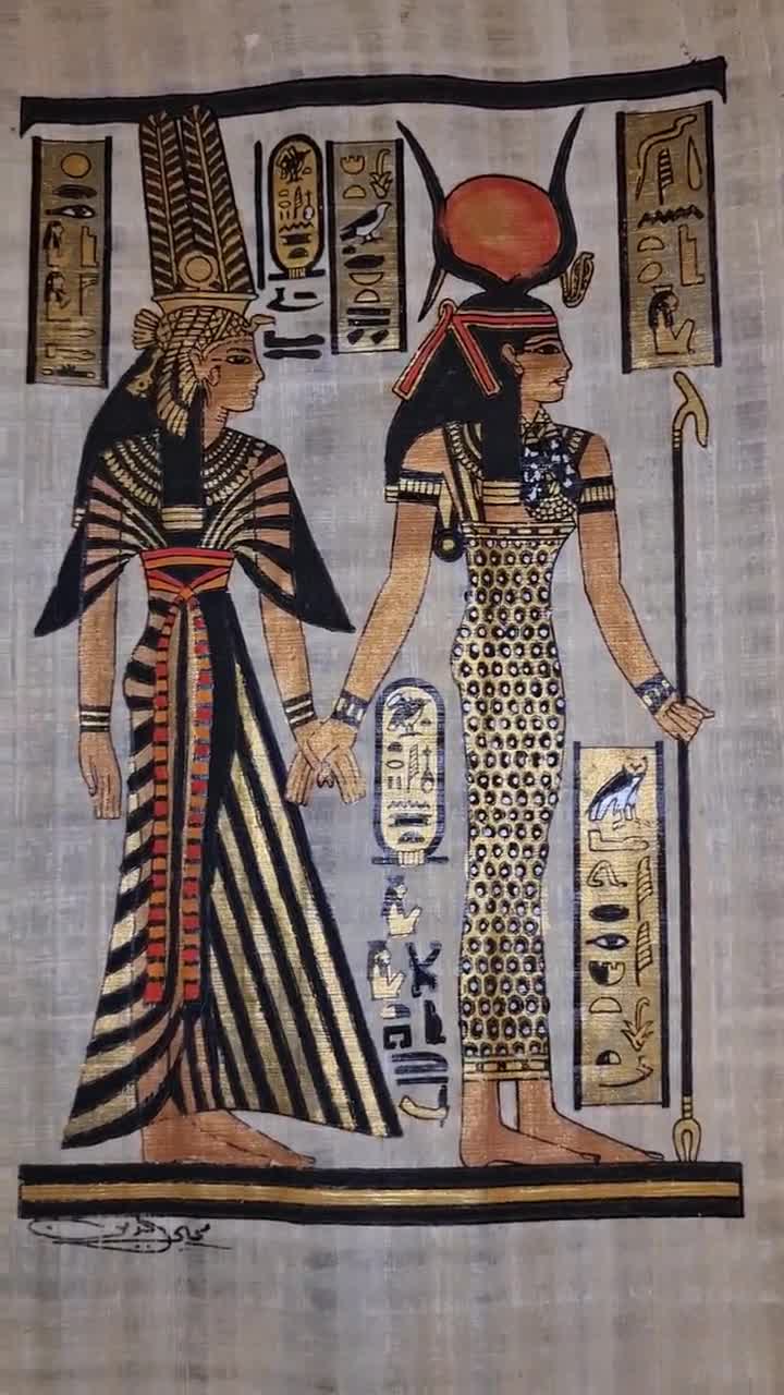 エジプトパピルス画イシス 手作りのネフェルタリ女王とイシスのパピルス画、古代エジプト美術（14