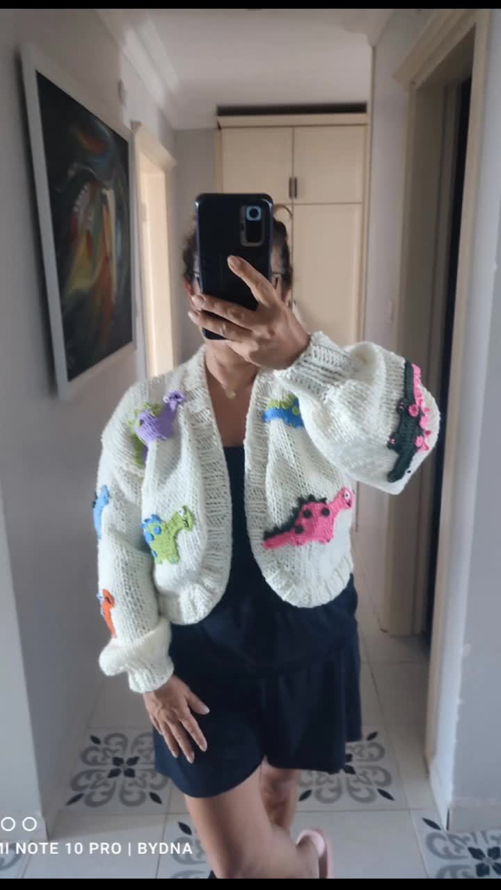 Handmade Cotton Blend Dinosaur Embroidery Cardigan, Animal Knit