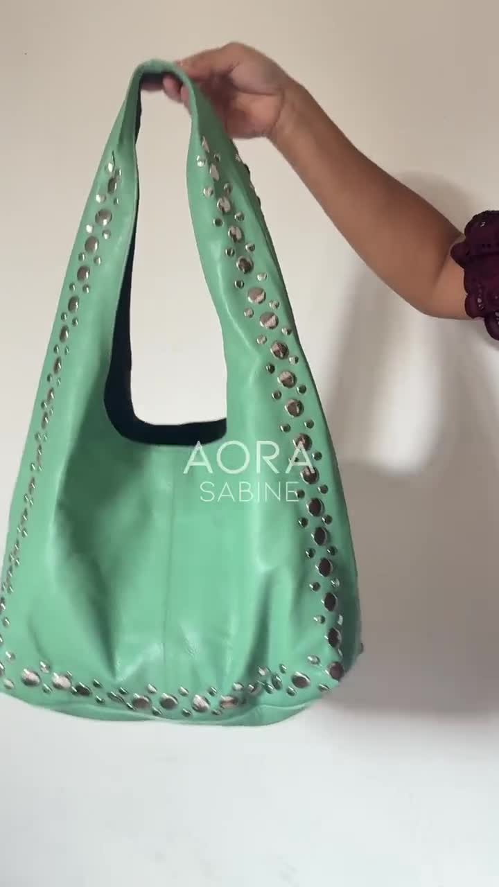 Studded Leather Shoulder Bag, Studs Silver Canggu Viral Bag, Navy