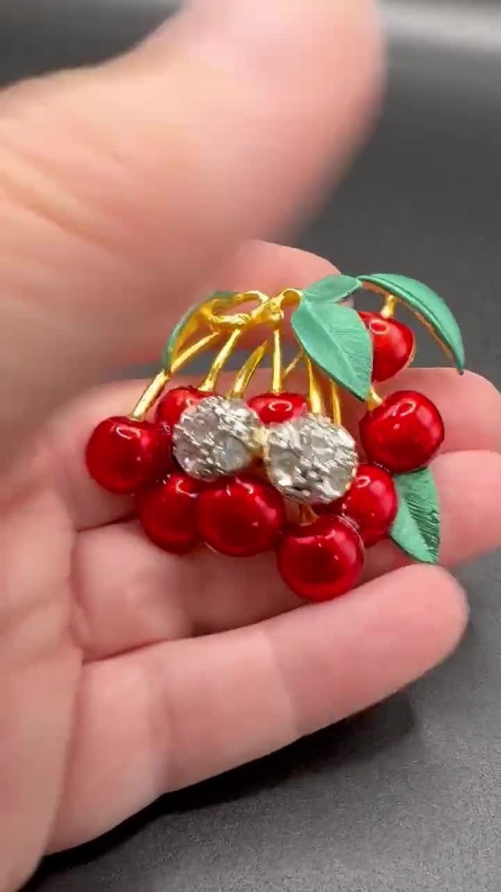 Large Red Enamel Cherries Rhinestone Brooch - Etsy