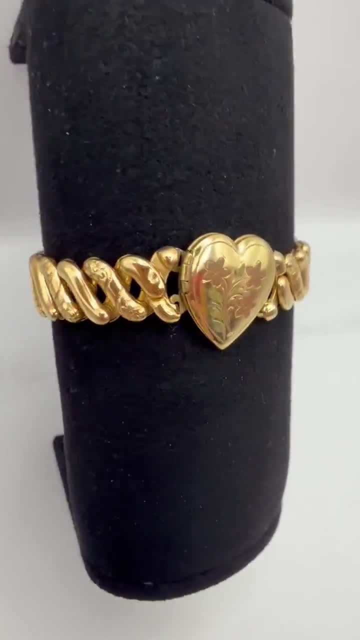 1940s Locket Sweetheart Expansion Bracelet M Signed Gold & Rose