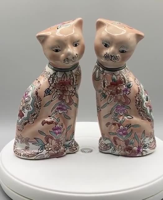 ヴィンテージ中国猫の置物：手描きの花柄磁器装飾 - Etsy 日本