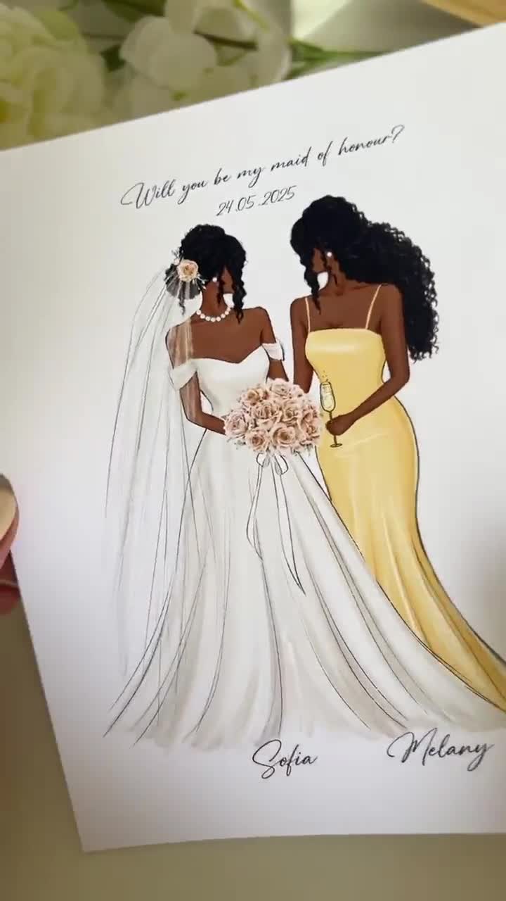 bridesmaid dress sketches Custom bride drawing, Personalized bridesmaid art print gift, Maid of honour sketch, Bridal party print, Wedding keepsake art down to natural waistlin Bride Simple Little Black Flare Color:Silver Nude*