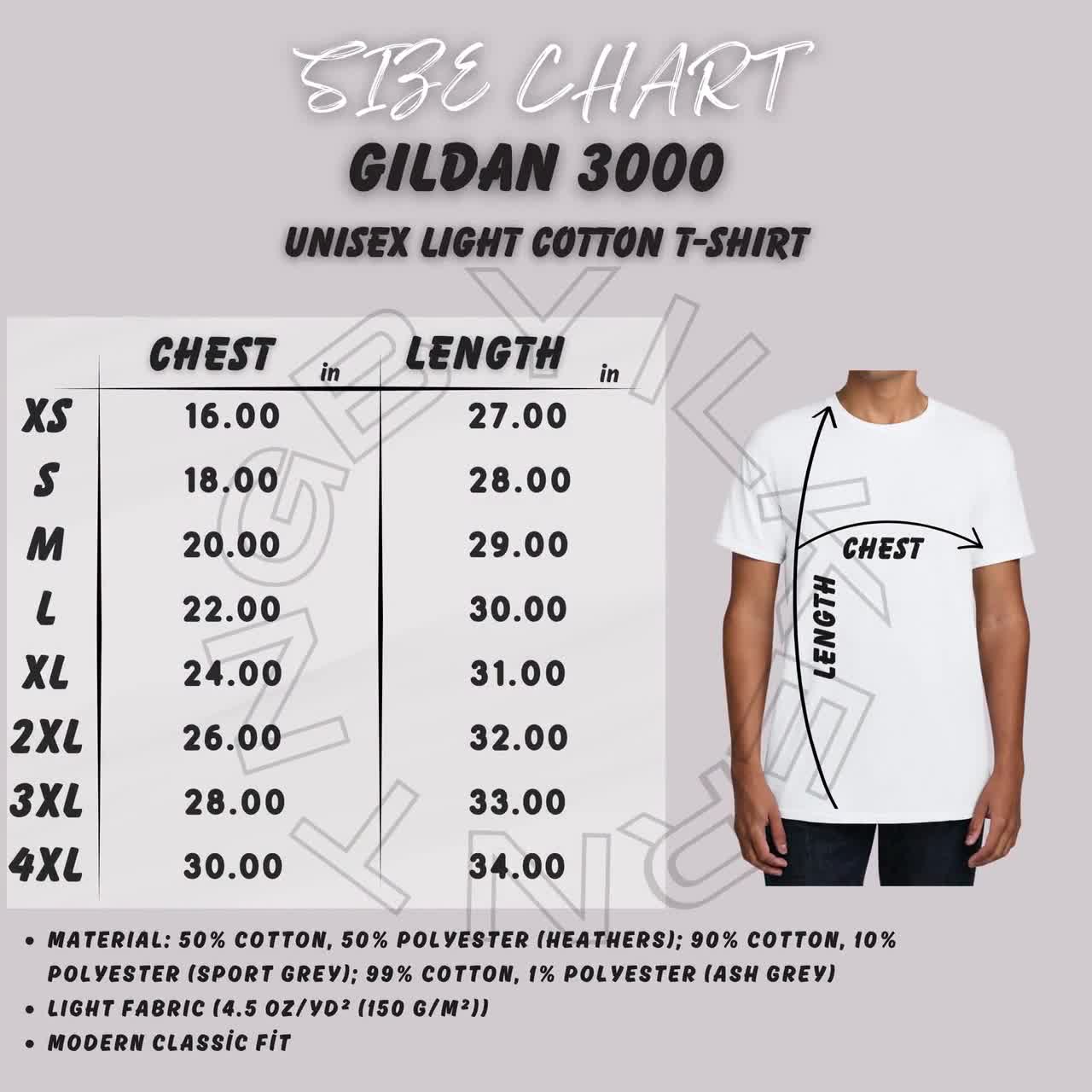 T-shirt Size Chart I Gildan 3000 Size Chart I Unisex Light Cotton