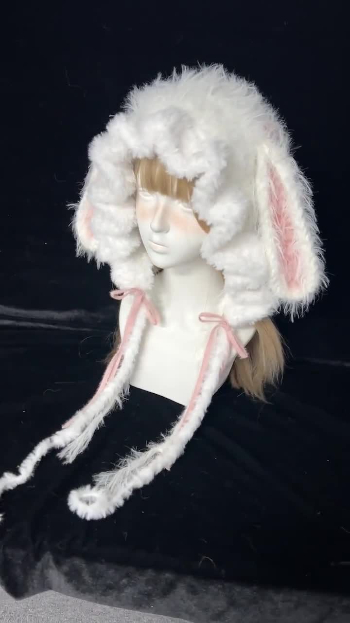 Floppy Rabbit Ear Jellyfish Hood - White Pink Plush Bunny Festival