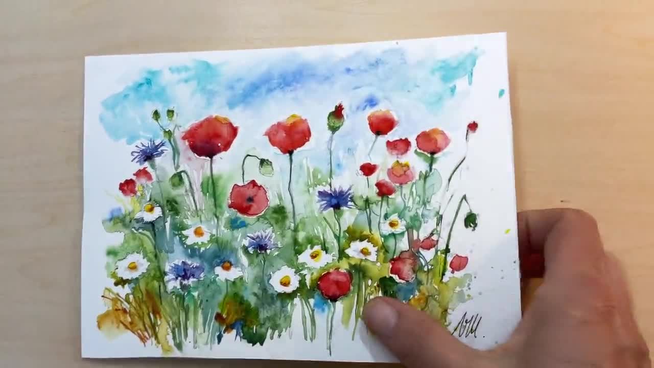 ポピーの水彩画、野原の赤いポピーの花のオリジナルアート、野生の花の