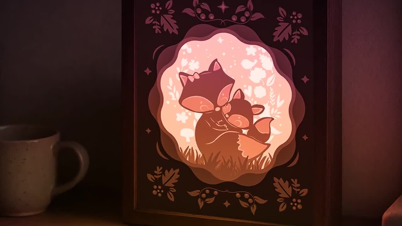 Mommy Fox Shadow Box SVG Template, Mom and Child Papercut Lightbox