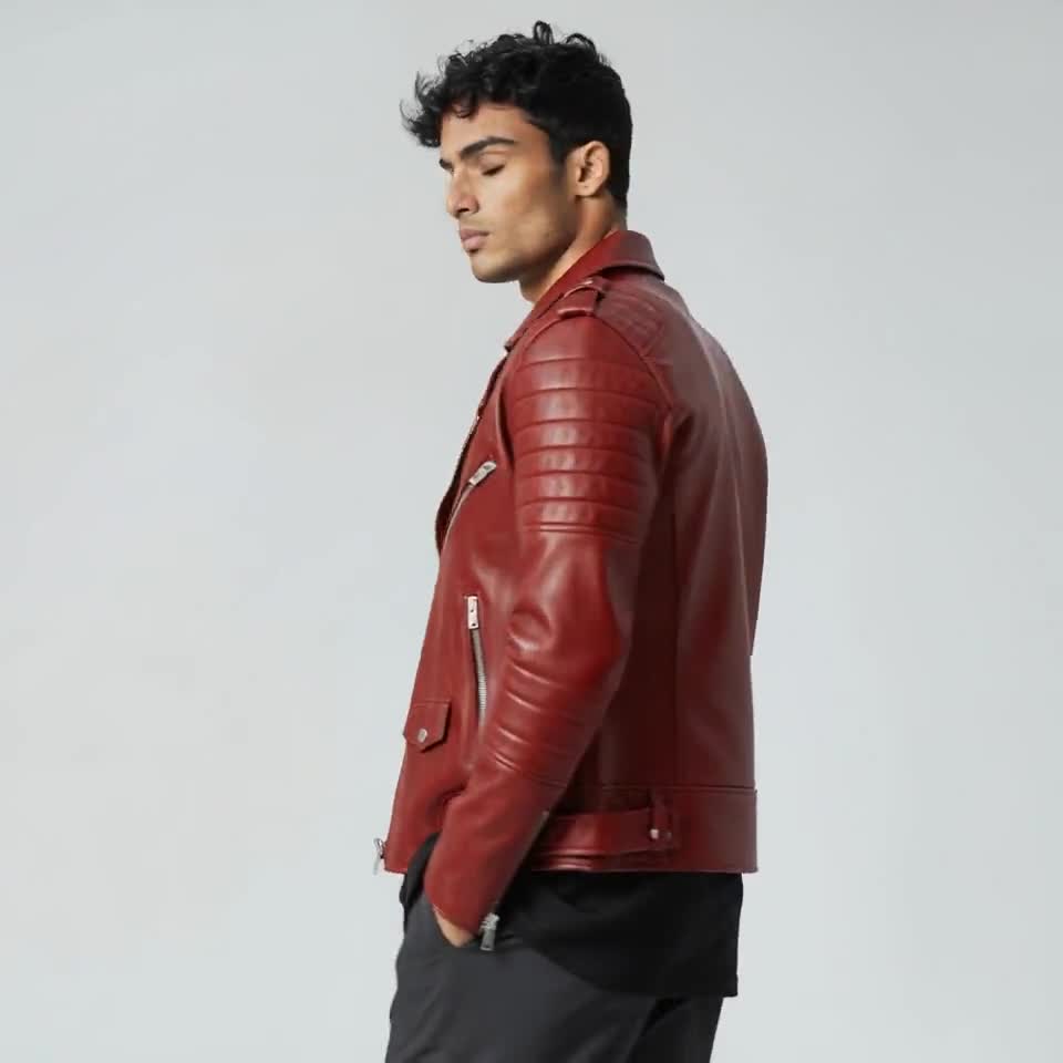 Men's Red Leather Moto Jacket: Slim Fit, YKK Zippers - Etsy
