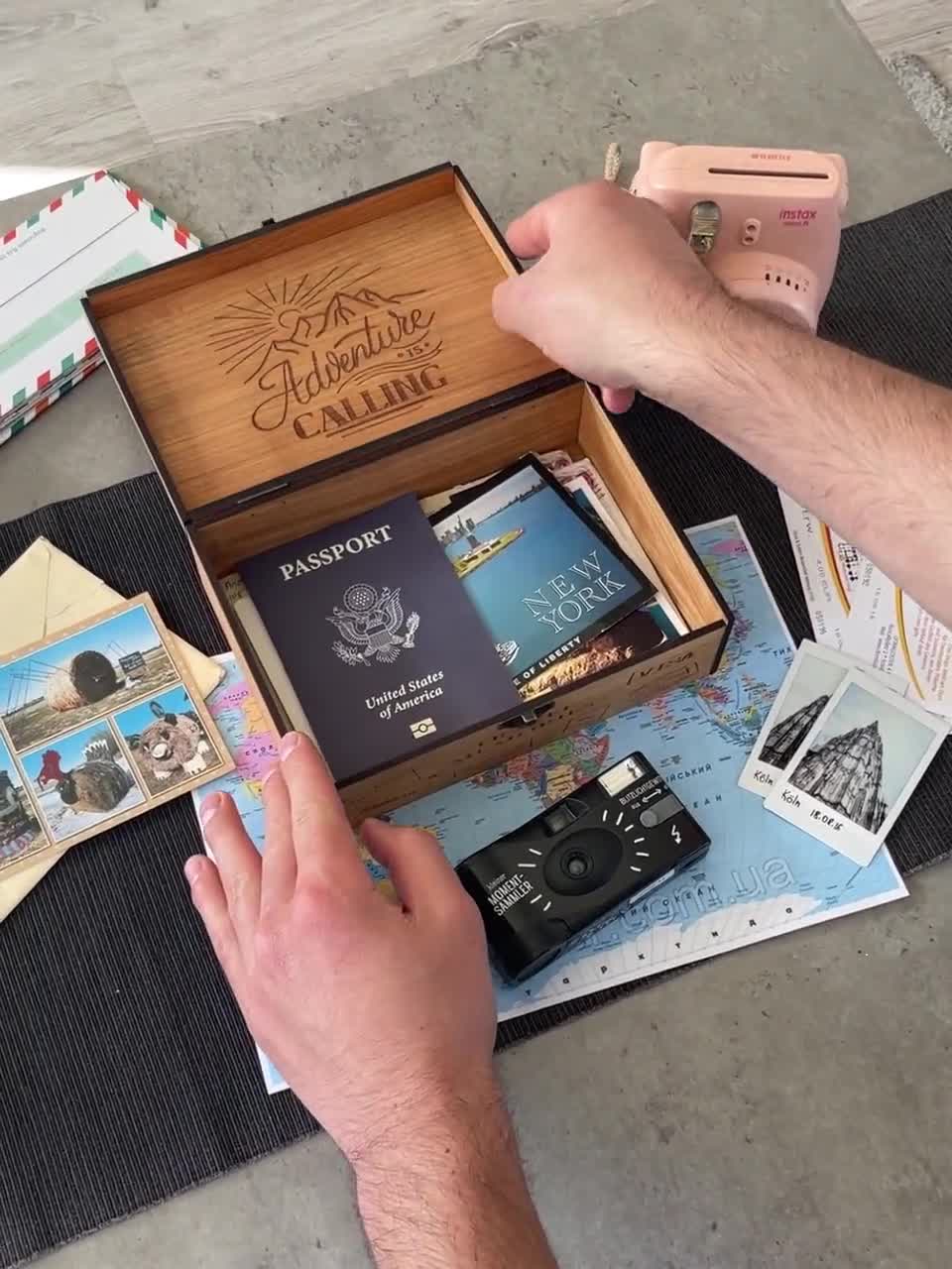Wooden Travel Keepsake Box, Personalized Memory Box for Adventure