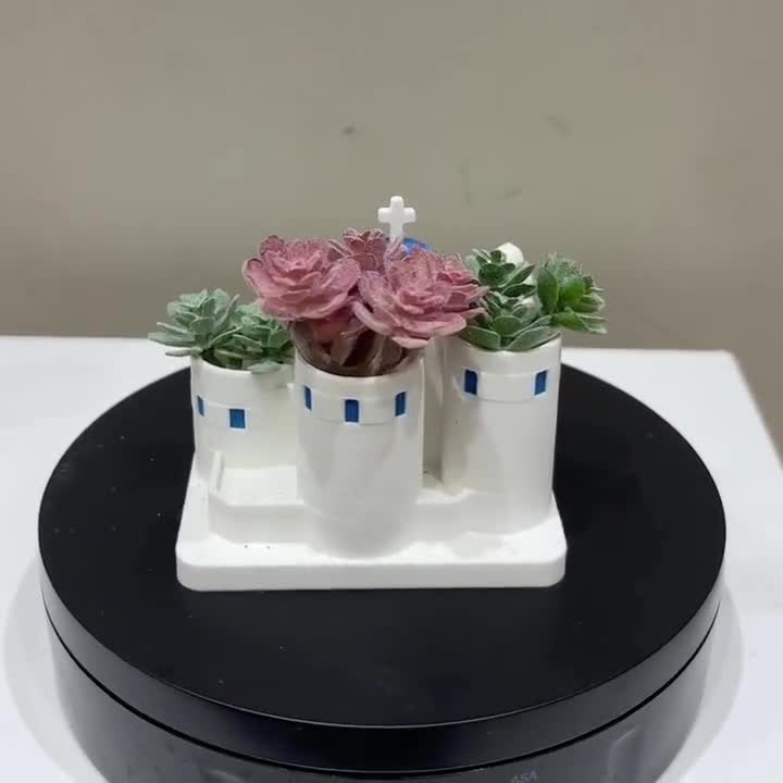 サントリーニ島風多肉植物鉢（室内プランター）：ギリシャ風3Dアート
