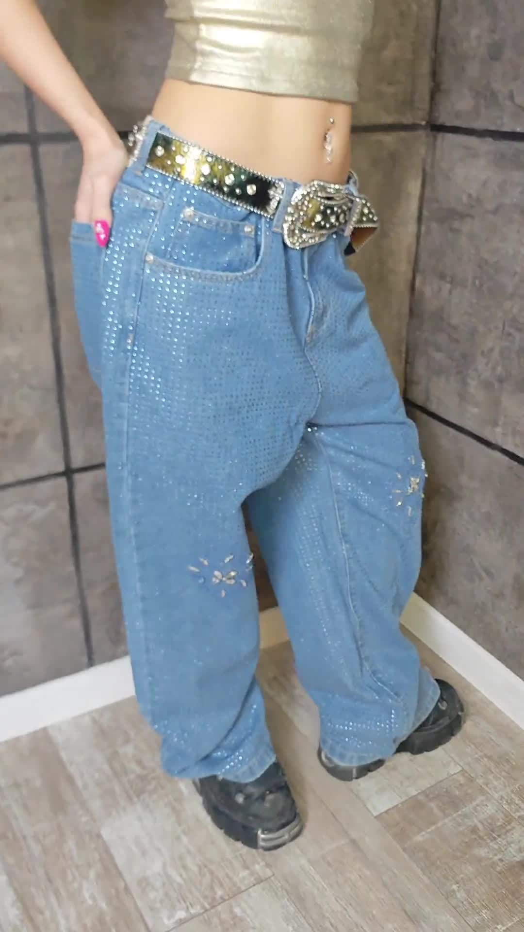 Crystal Studded Blue Denim Pants, Rhinestone Wide Leg Jeans, Y2K